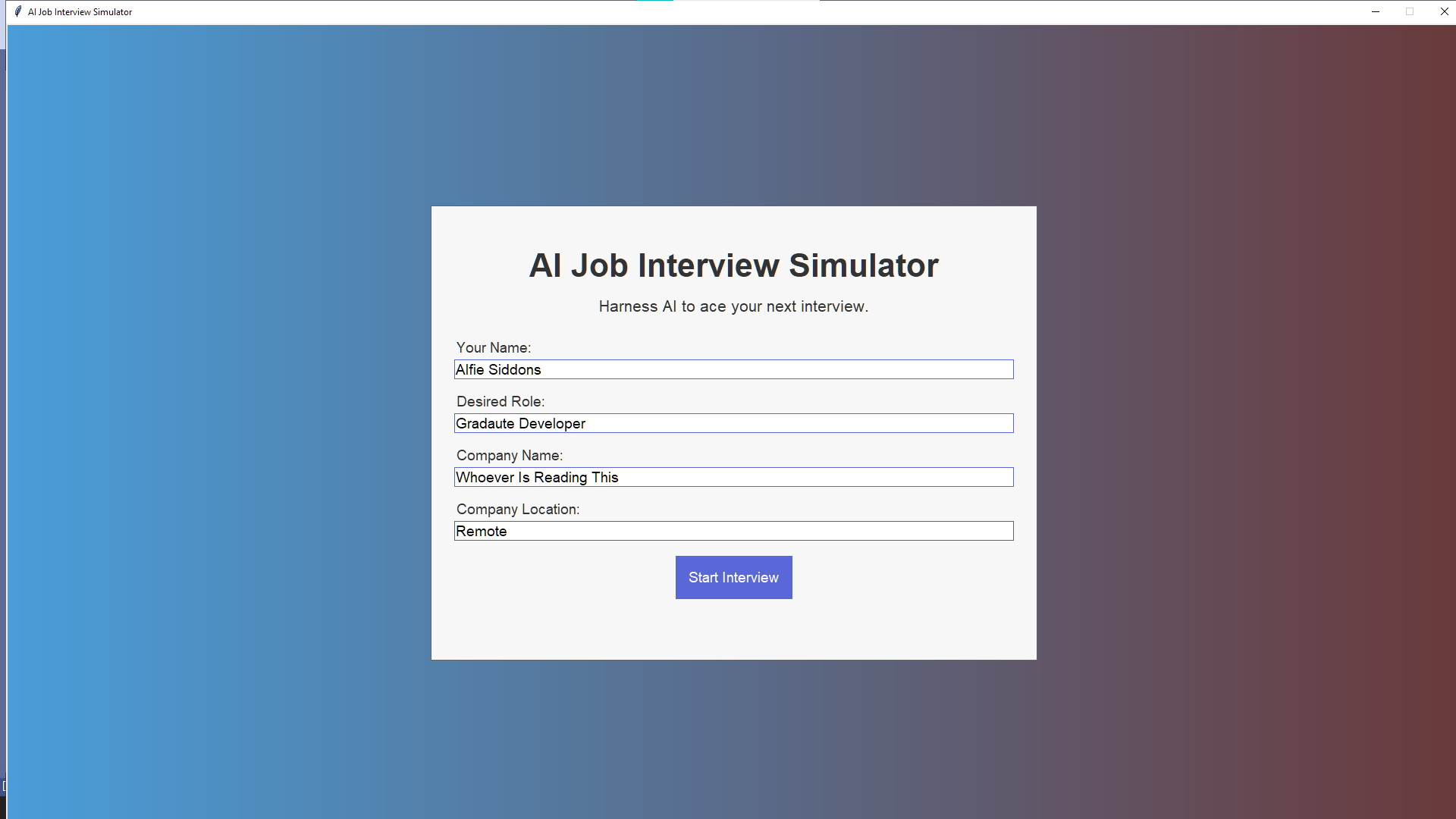 Setup page of AI Job Interviwer